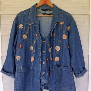 Vintage 90's Women's Denim Vest & Long Sleeve Shirt Set Floral Embroidery Sz 2X
